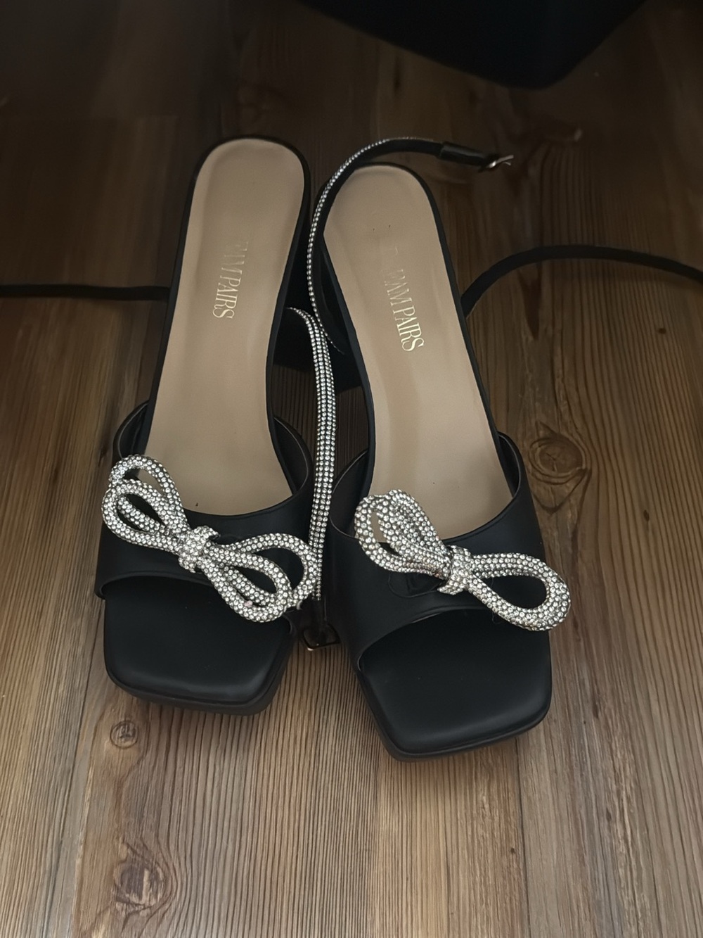 Dream Pairs Black Slingback Heels with Crystal Bow Accent